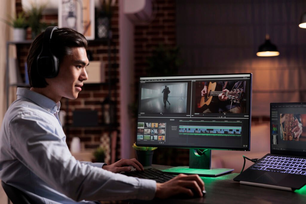 Male freelancer working on movie production